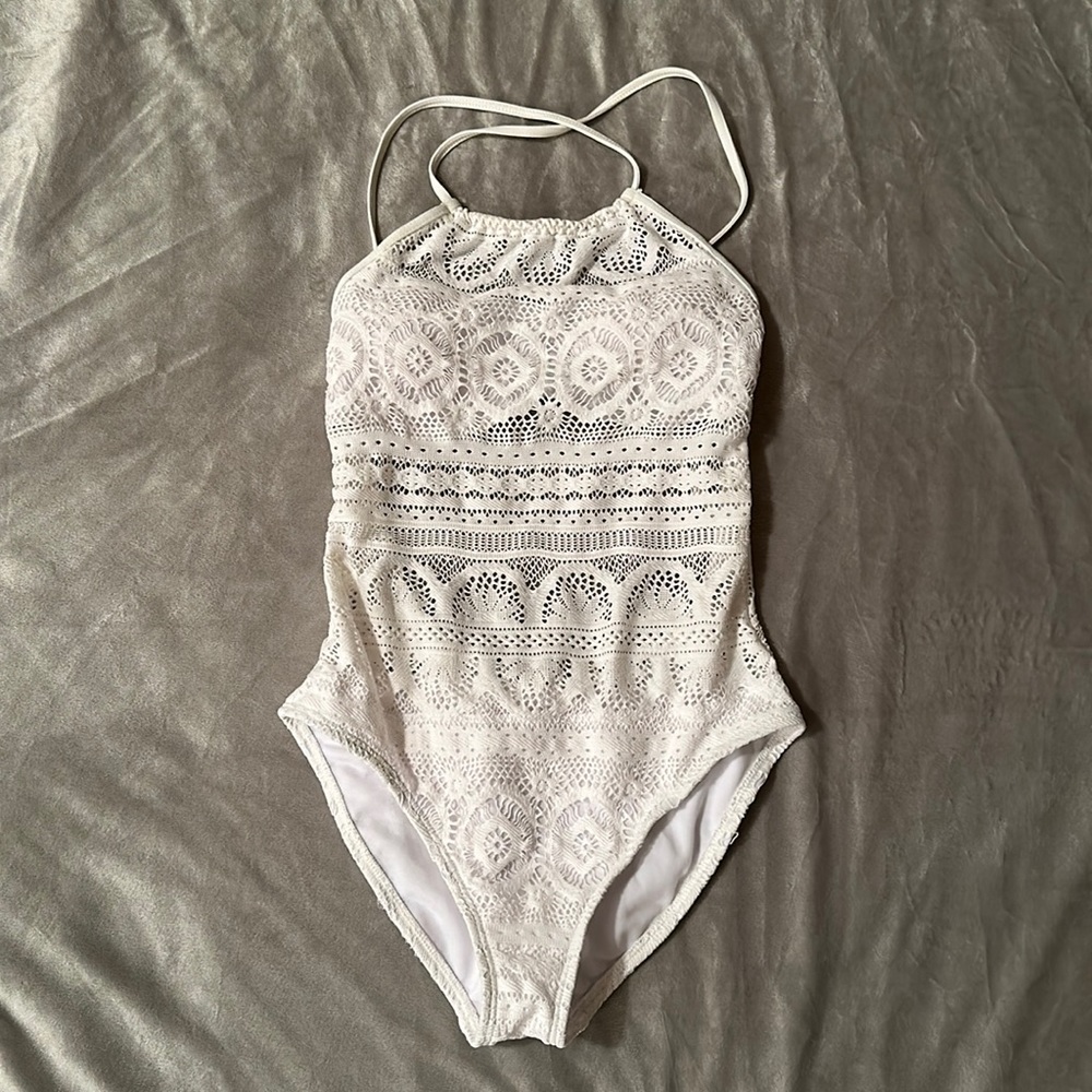 Kenneth Cole Crochet High Leg One Piece Swimsuit